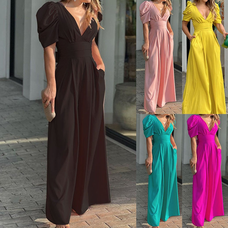 Men's Women’s Deep V-Neck Wide Leg Jumpsuits - Yellow | SAVINTARI