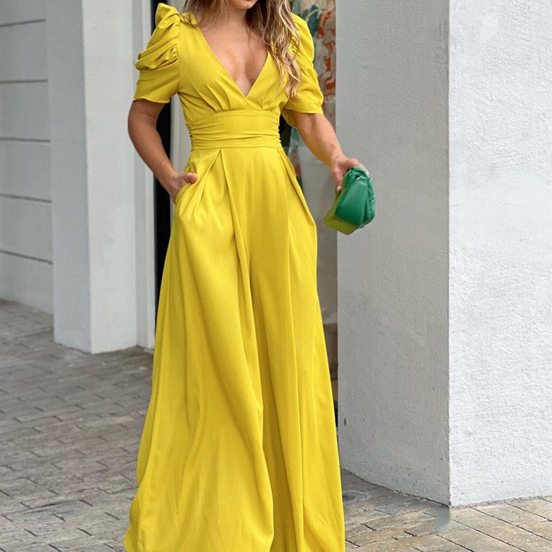 Men's Women’s Deep V-Neck Wide Leg Jumpsuits - Yellow | SAVINTARI