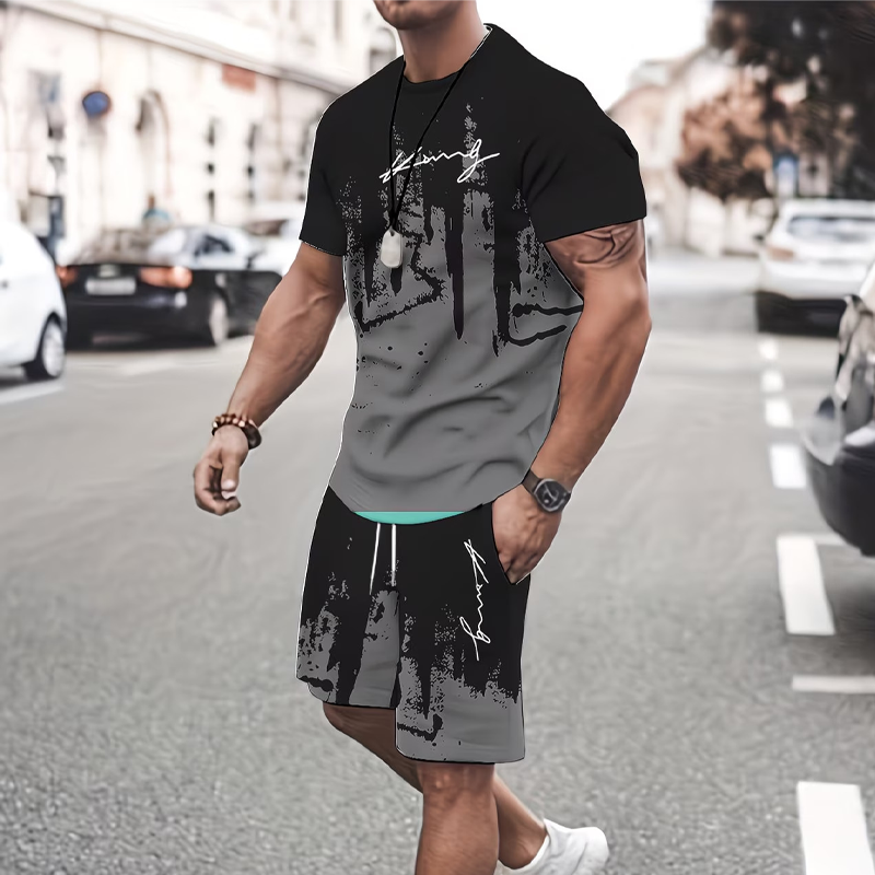 Men's Graphic Print T-Shirt and Shorts Set - Gray | SAVINTARI