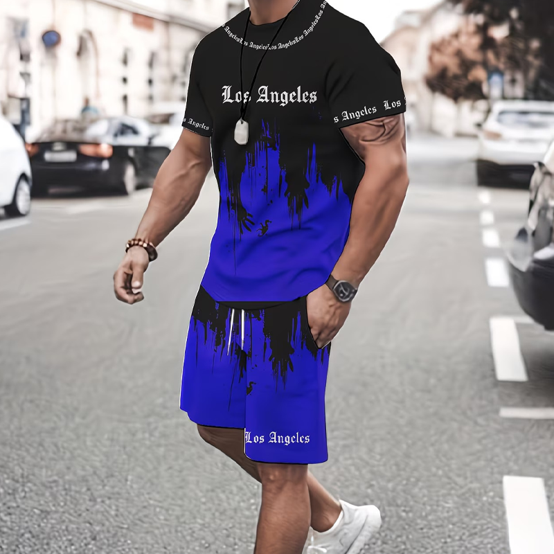 Men's Graphic Print T-Shirt and Shorts Set - Gray | SAVINTARI
