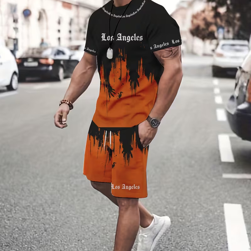 Men's Graphic Print T-Shirt and Shorts Set - Gray | SAVINTARI