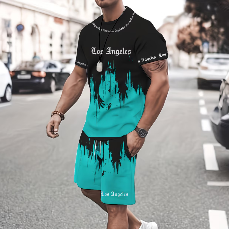 Men's Graphic Print T-Shirt and Shorts Set - Gray | SAVINTARI