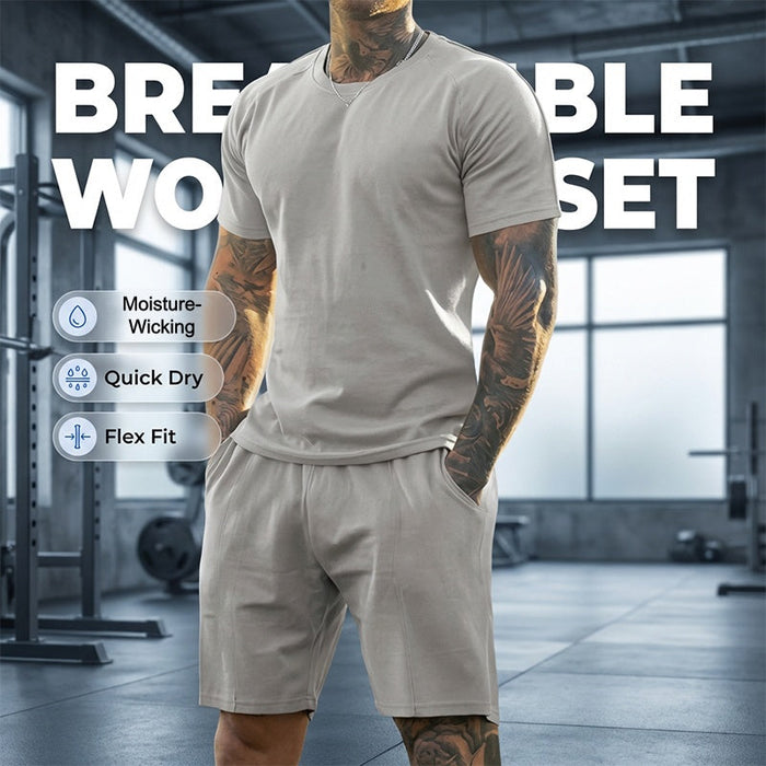 Men's Athletic T-Shirt & Shorts 2-Piece Set - Light Gray | Casual Two-Piece Set | SAVINTARI