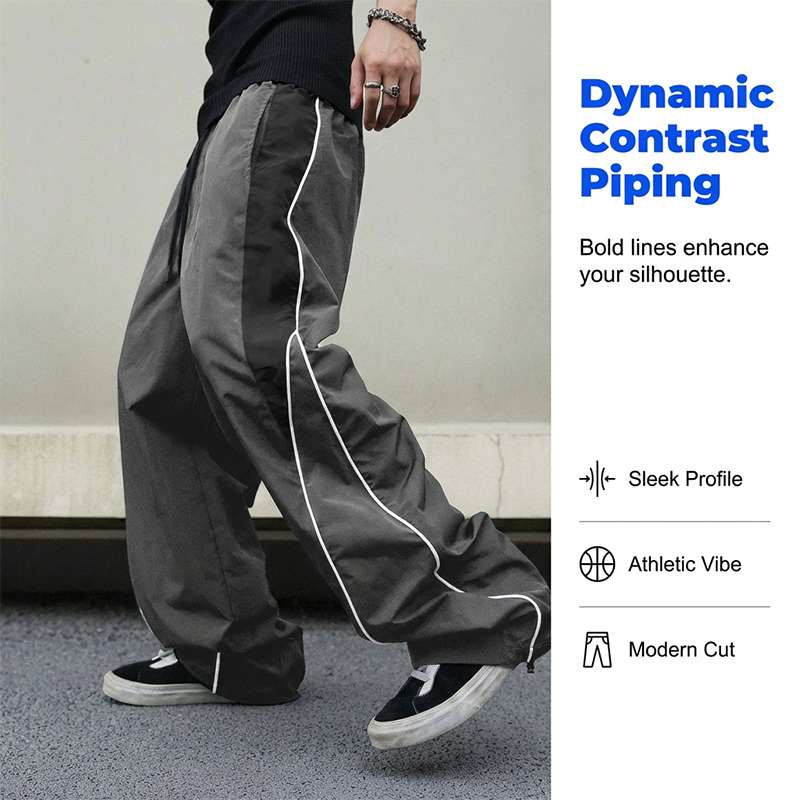 Men's Retro Side Stripe Wide-Leg Pants - Dark Gray | SAVINTARI