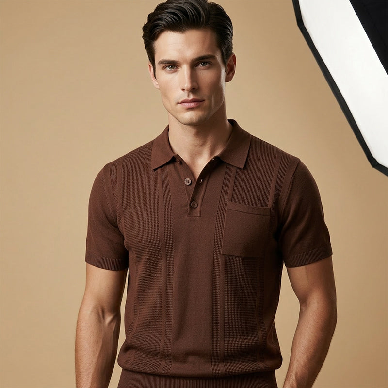 Men's Short Sleeve Knit Collared Shirt - Blue | SAVINTARI