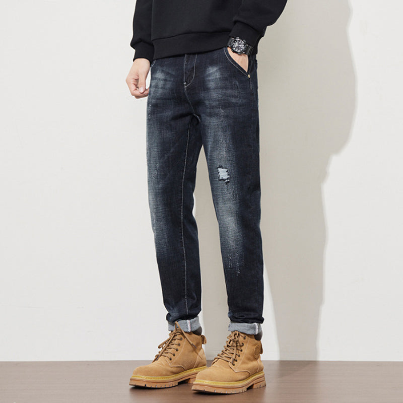 Men's Stretch Tapered Denim Jeans - Black | SAVINTARI