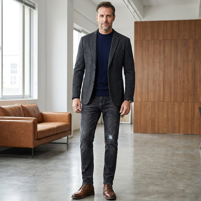 Men's Stretch Tapered Denim Jeans - Black | SAVINTARI