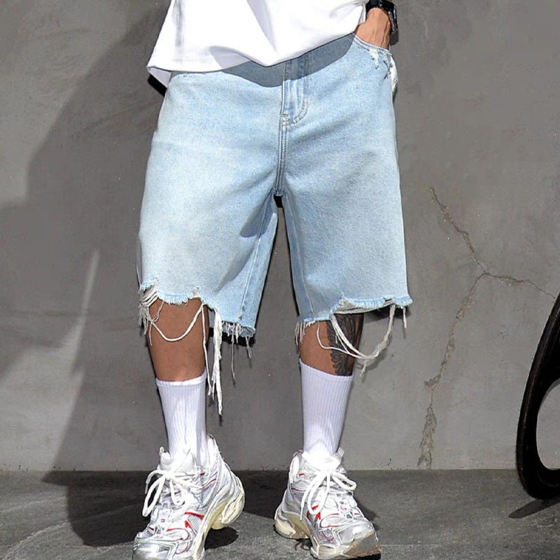 Men's Fashion Loose Fit Denim Shorts with Raw Hem - Light Blue | SAVINTARI