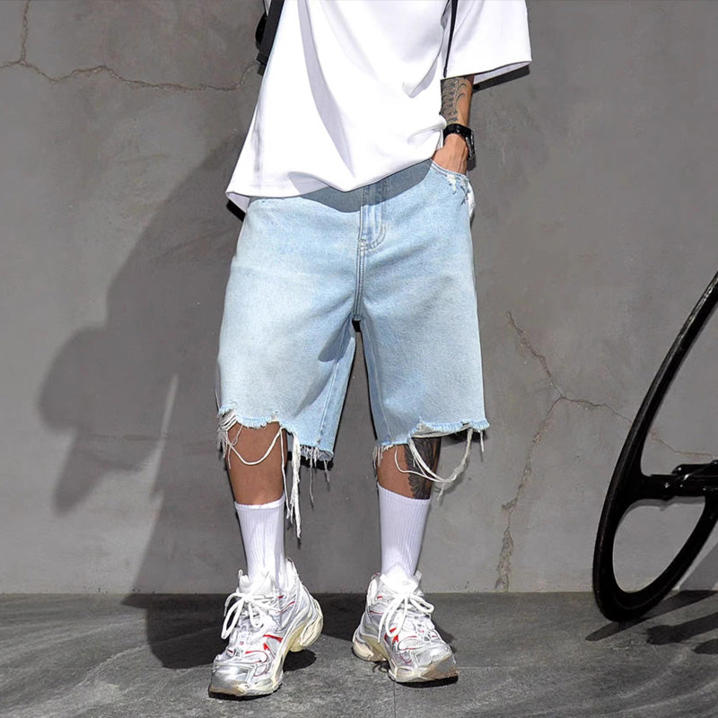 Men's Fashion Loose Fit Denim Shorts with Raw Hem - Light Blue | SAVINTARI