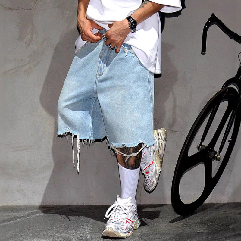 Men's Fashion Loose Fit Denim Shorts with Raw Hem - Light Blue | SAVINTARI
