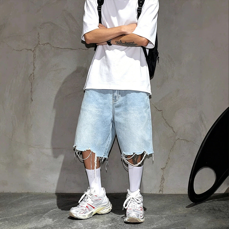 Men's Fashion Loose Fit Denim Shorts with Raw Hem - Light Blue | SAVINTARI