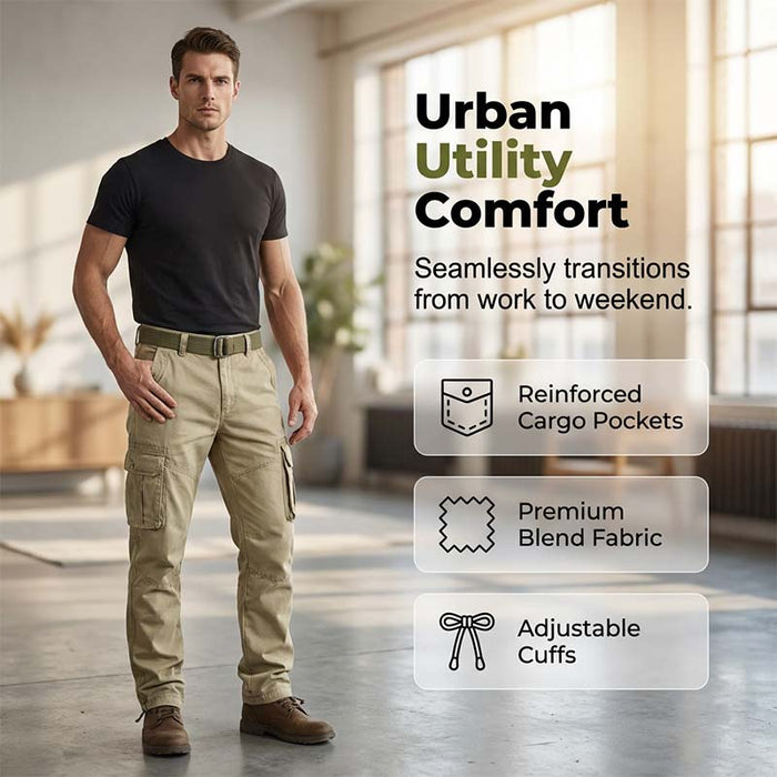 Men's Mens Classic Tactical Cargo Pants - Khaki | Smart Casual Trousers | SAVINTARI