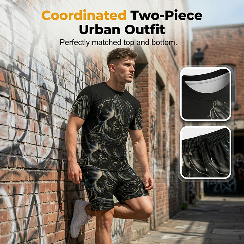 Men's Print T-Shirt & Shorts 2-Piece Set - Navy | SAVINTARI