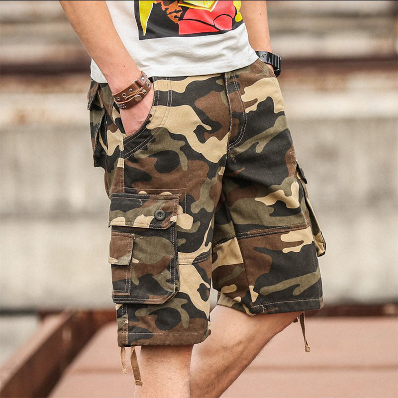 Men's Cotton Blend Camouflage Cargo Shorts - Khaki | SAVINTARI