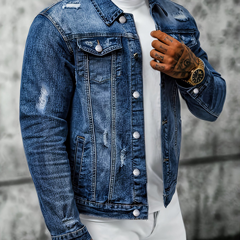 Men's Casual Vintage-Wash Distressed Denim Jacket - Navy | SAVINTARI