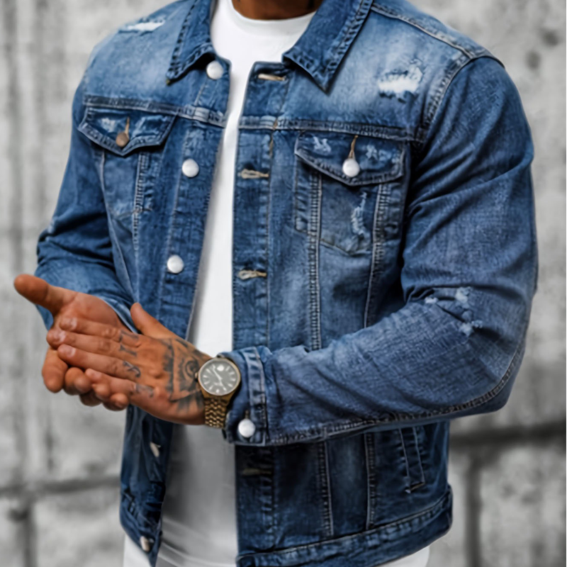 Men's Casual Vintage-Wash Distressed Denim Jacket - Navy | SAVINTARI