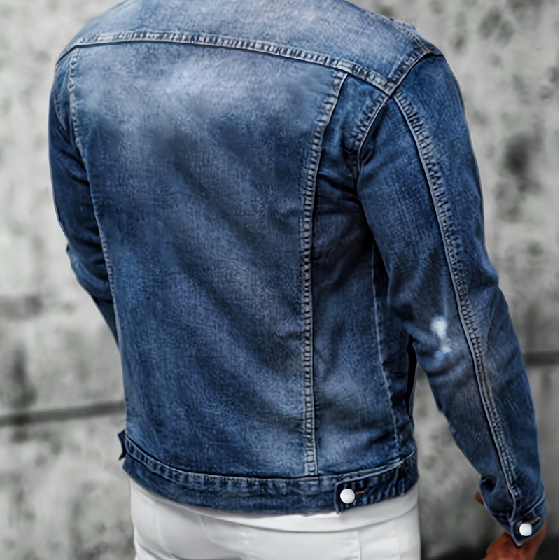 Men's Casual Vintage-Wash Distressed Denim Jacket - Navy | SAVINTARI