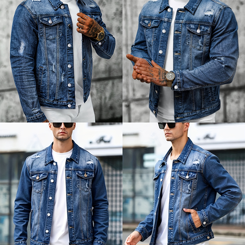 Men's Casual Vintage-Wash Distressed Denim Jacket - Navy | SAVINTARI