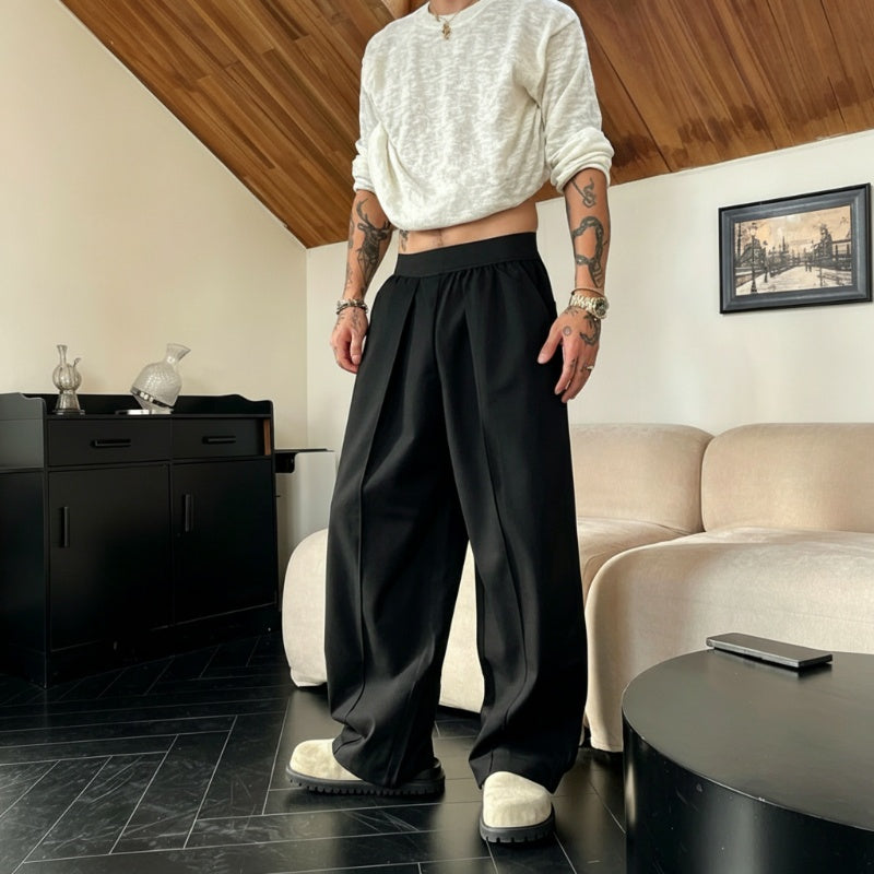 Men's Pleated Wide-Leg Trousers with Elastic Waist - Black | SAVINTARI