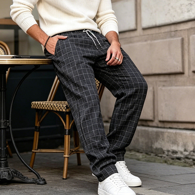 Men's Plus Size Plaid Drawstring Trousers - Grey | SAVINTARI