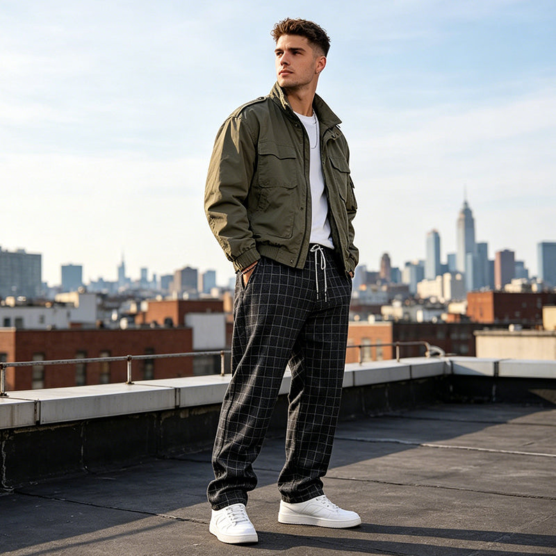 Men's Plus Size Plaid Drawstring Trousers - Grey | SAVINTARI