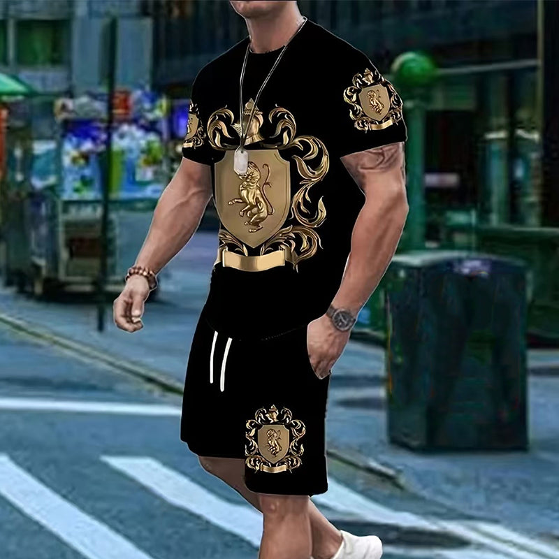 Men's Gold Crest Print T-Shirt & Shorts Set - Black | SAVINTARI