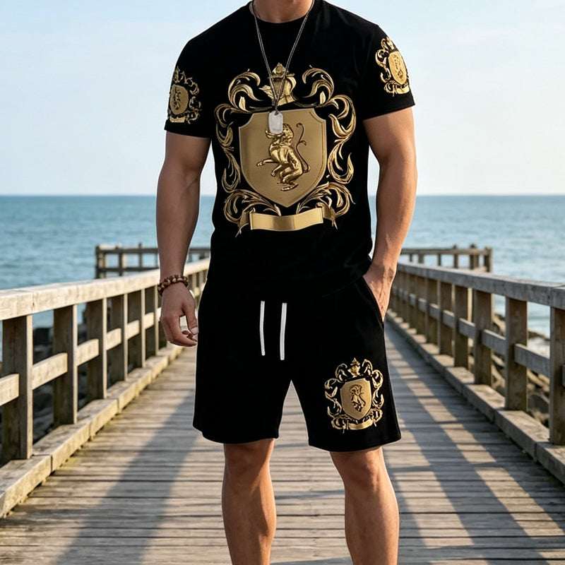 Men's Gold Crest Print T-Shirt & Shorts Set - Black | SAVINTARI