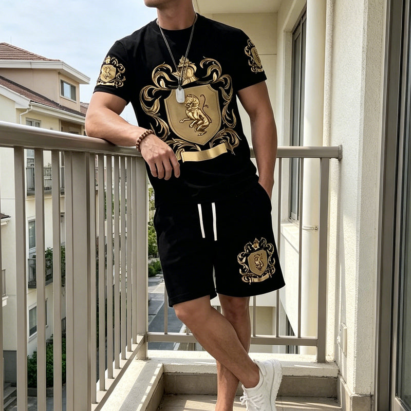 Men's Gold Crest Print T-Shirt & Shorts Set - Black | SAVINTARI