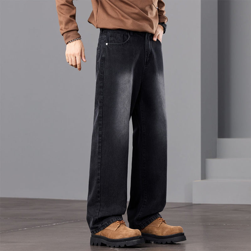 Men's Vintage Wash Wide-Leg Jeans - Black | SAVINTARI