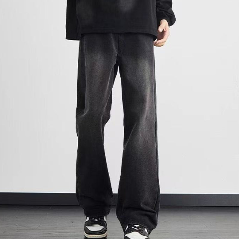 Men's Vintage Wash Wide-Leg Jeans - Black | SAVINTARI