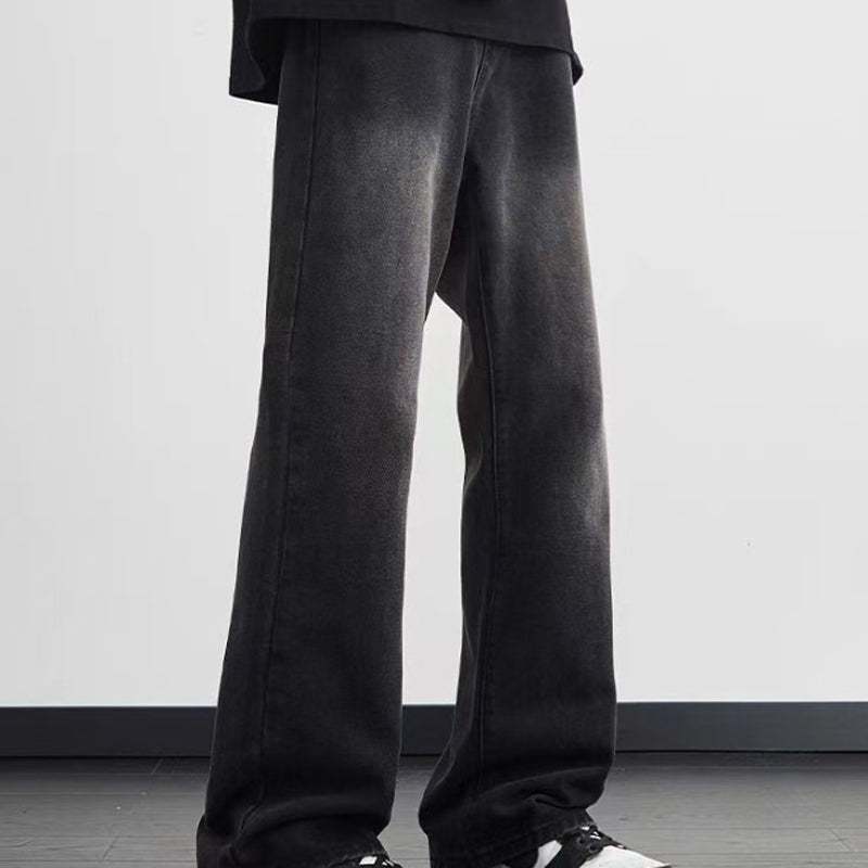 Men's Vintage Wash Wide-Leg Jeans - Black | SAVINTARI