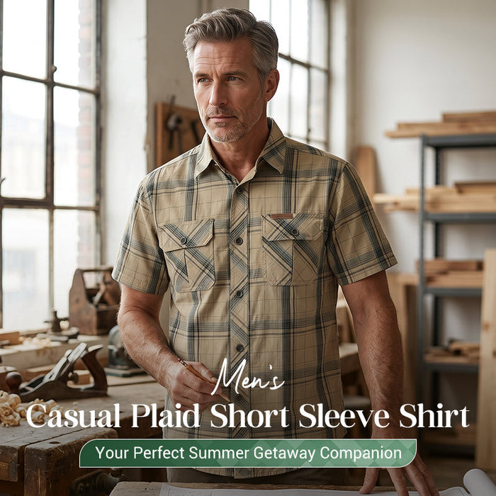 Men's Mens Casual Plaid Short Sleeve Shirt 1 - Khaki | Seasonal Shirt | SAVINTARI