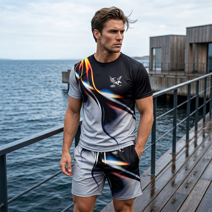 Men's Mens Abstract Print T Shirt And Shorts Set 1 - Gray | Casual Two-Piece Set | SAVINTARI