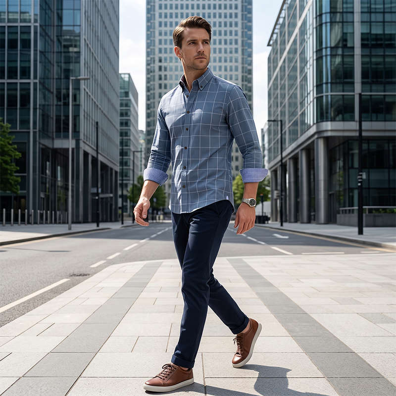 Men's Modern Fit Windowpane Shirt Contrast Details, Button-Down, Premium Blend - Light Blue | SAVINTARI
