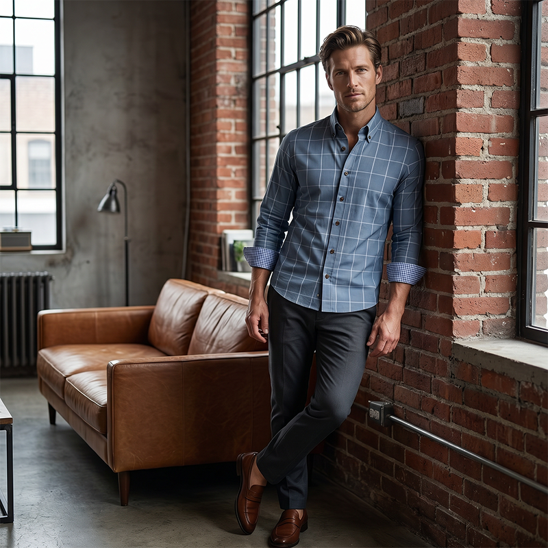 Men's Modern Fit Windowpane Shirt Contrast Details, Button-Down, Premium Blend - Light Blue | SAVINTARI
