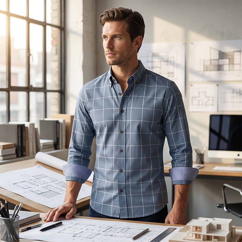 Men's Modern Fit Windowpane Shirt Contrast Details, Button-Down, Premium Blend - Light Blue | SAVINTARI