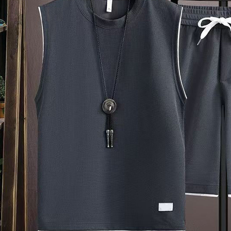 Men's Minimalist Tank & Shorts Set Waffle Knit, Drawstring Waist, Coordinated - Gray | SAVINTARI