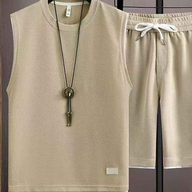Men's Minimalist Tank & Shorts Set Waffle Knit, Drawstring Waist, Coordinated - Gray | SAVINTARI