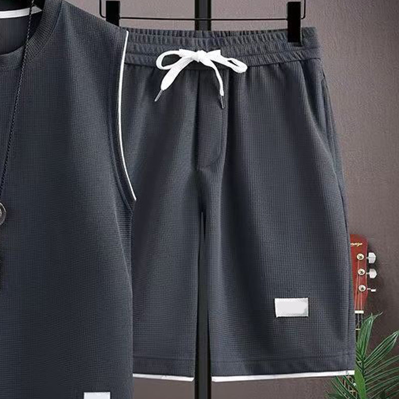 Men's Minimalist Tank & Shorts Set Waffle Knit, Drawstring Waist, Coordinated - Gray | SAVINTARI