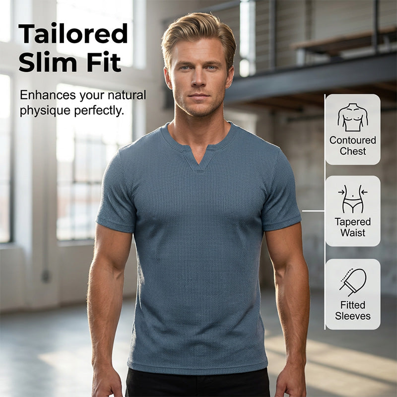Men's V-Neck Short-Sleeve Shirt Slim Fit, Modern & All-Day Fresh Breathable - Aqua | SAVINTARI