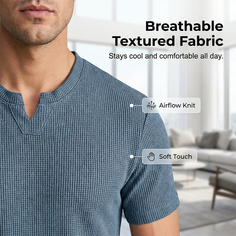 Men's V-Neck Short-Sleeve Shirt Slim Fit, Modern & All-Day Fresh Breathable - Aqua | SAVINTARI
