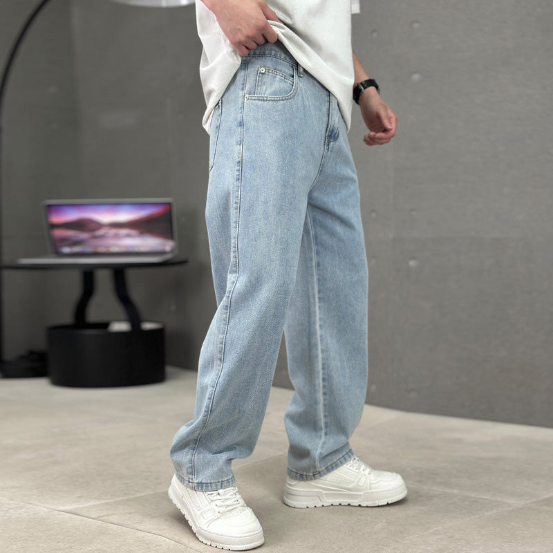 Men's Loose Fit Straight Leg Pants with Classic Pockets - Light blue | SAVINTARI