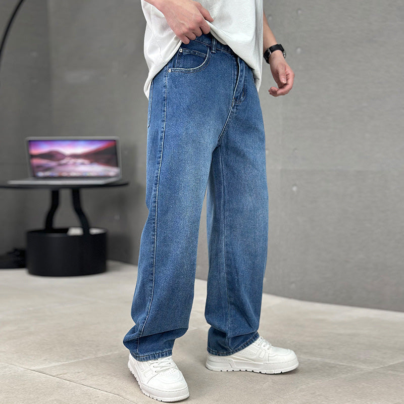 Men's Loose Fit Straight Leg Pants with Classic Pockets - Light blue | SAVINTARI