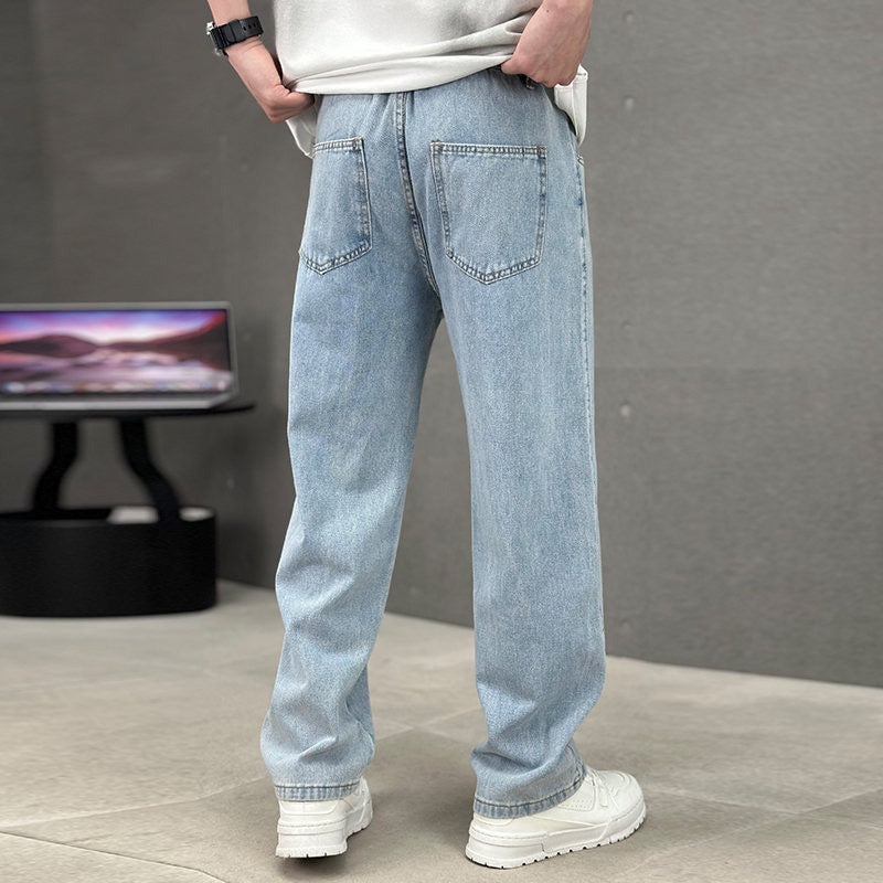 Men's Loose Fit Straight Leg Pants with Classic Pockets - Light blue | SAVINTARI