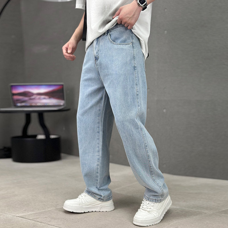 Men's Loose Fit Straight Leg Pants with Classic Pockets - Light blue | SAVINTARI