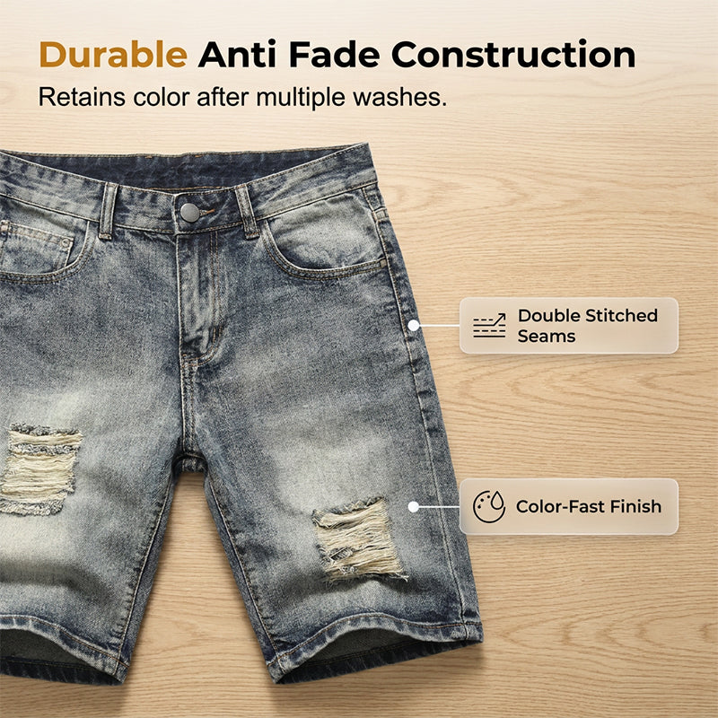 Men's Vintage Distressed Denim Shorts - Light Blue | SAVINTARI