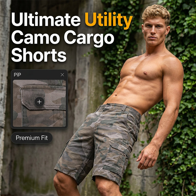 Men's Multi-Pocket Camo Cargo Shorts - Khaki | SAVINTARI
