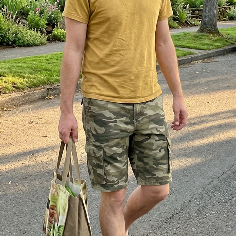 Men's Multi-Pocket Camo Cargo Shorts - Khaki | SAVINTARI