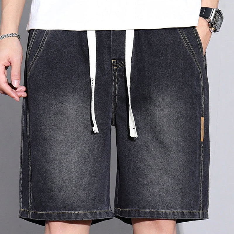 Men's Vintage Denim Casual Shorts Relaxed Fit, Drawstring Waist, Deep Pockets - Black | SAVINTARI