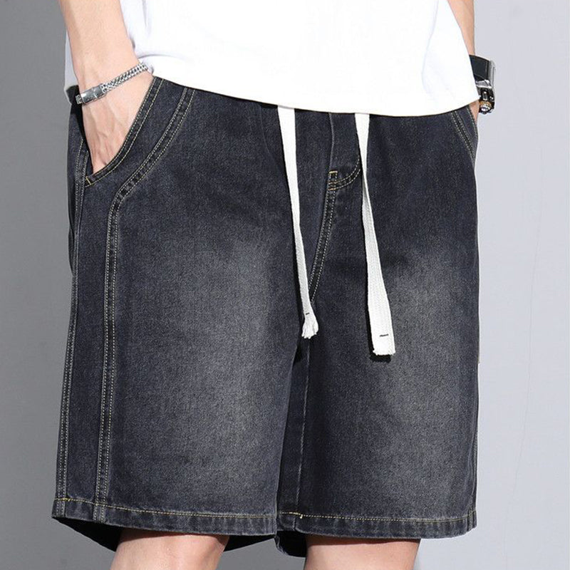 Men's Vintage Denim Casual Shorts Relaxed Fit, Drawstring Waist, Deep Pockets - Black | SAVINTARI